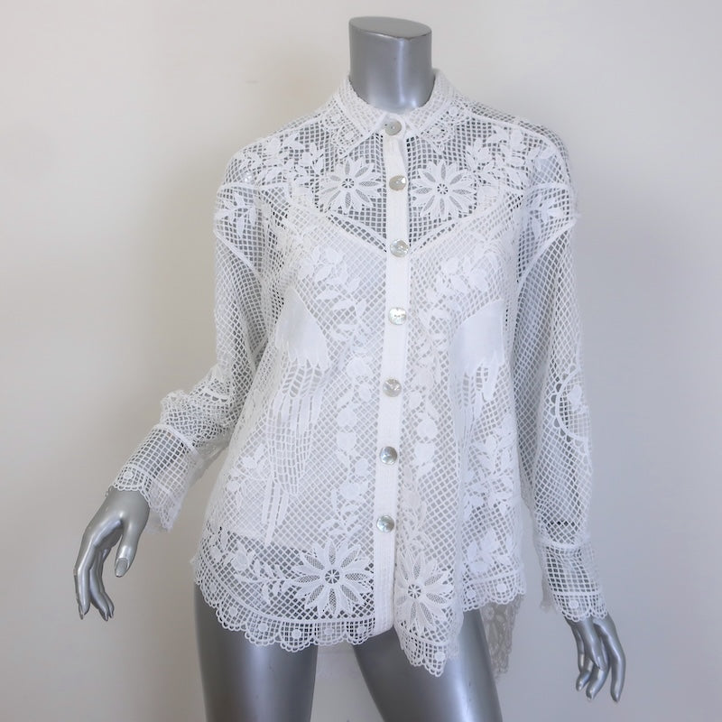 FARM Rio Landscape Guipure Lace Button-Down Shirt White 