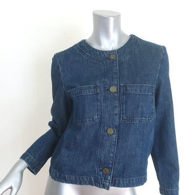 FRAME collarless denim jacket in Cleopatra dark blue, size S — gently pre-owned authentic designer piece.