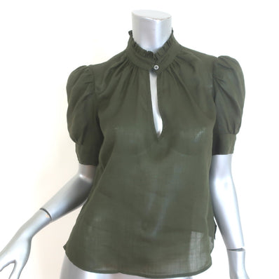 FRAME Deep V Ruffle Collar Top Fatigue Green Size Extra Small Puff Sleeve Blouse