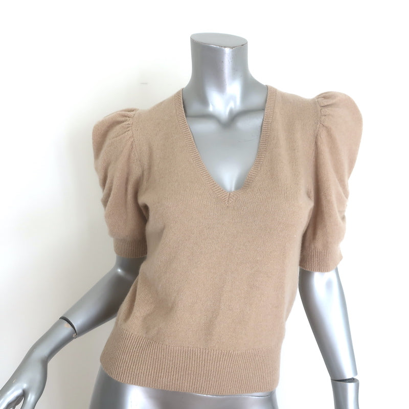 FRAME Frankie cashmere V-neck puff-sleeve sweater in caramel heather, size S, pre-owned, authentic luxury