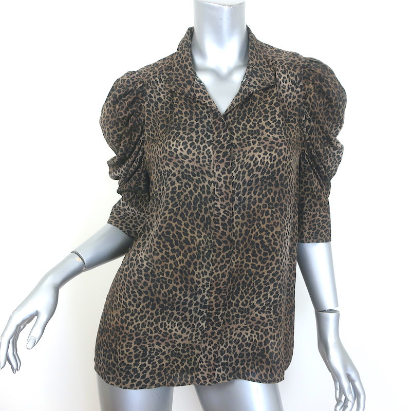 FRAME Gillian Leopard Print Puff Sleeve Blouse Brown Silk Size Medium