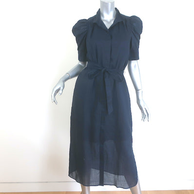 FRAME Gillian Ruched-Sleeve Midi Shirt Dress Navy Ramie Size Small