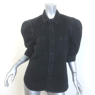 FRAME Rosette Puff Sleeve Button-Down Shirt Black Cotton Size Large