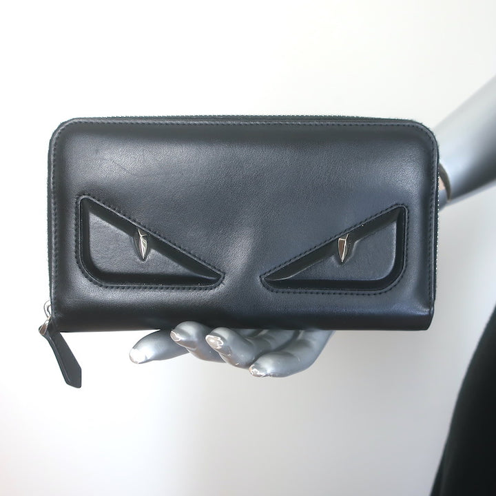 Fendi Embossed Monster Eyes Zip-Around Wallet Black Leather