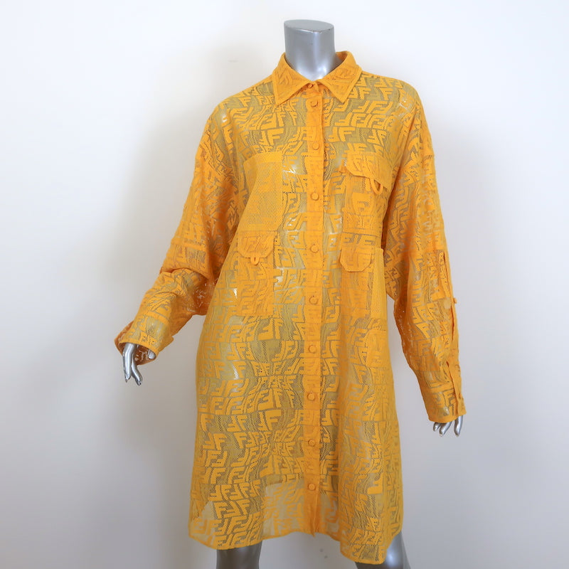 fitted lace wedding dress Fendi FF Fisheye Lace Long Sleeve Shirtdress Marigold Size 44 Celebrity Owned fitted lace wedding dress Fendi FF Fisheye Lace Long Sleeve Shirtdress Marigold Size 44 Celebrity Owned
