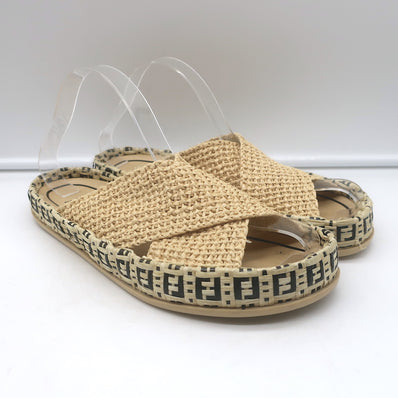 Authentic pre-owned Fendi raffia crisscross slide sandals in natural beige, luxury Italian design.