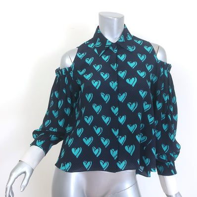Fendi silk cold-shoulder button-up blouse in navy, Heart of Hearts detail, pre-owned authentic luxury, size US 2