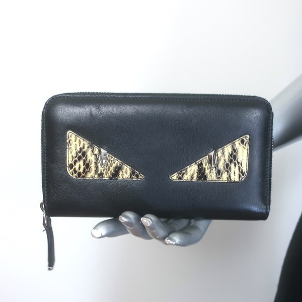 Fendi Monster Snakeskin Eyes Zip-Around Wallet Black Leather