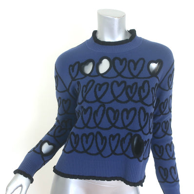 Fendi scribble heart-embroidered cutout sweater, navy wool-blend, size 38 — authentic pre-owned luxury