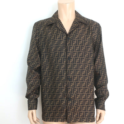 Fendi Zucca FF Logo Print Silk Satin Shirt Brown Size 41