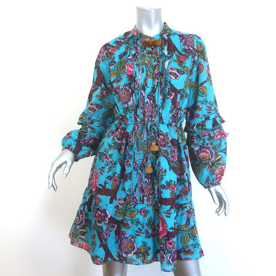 Figue Tassel Tie Long Sleeve Mini Dress Blue Metallic Floral Print Size Small