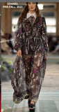 Chanel 2023 Metiers d'Art Collared Maxi Dress Gray Printed Silk Chiffon Size 40