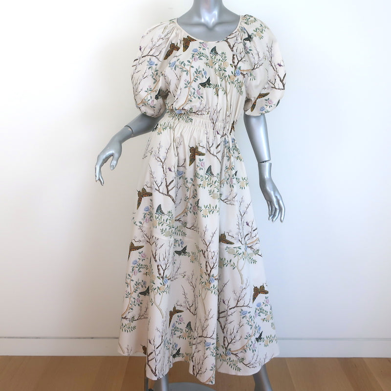 G. Label by goop Sheely Puff Sleeve Midi Dress Cream Butterly Print Size 4