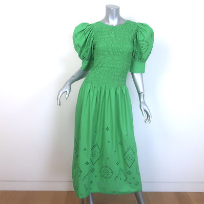 GANNI Broderie Anglaise Puff Sleeve Midi Dress Green