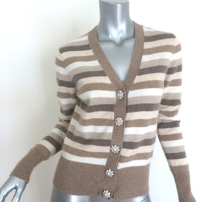 GANNI striped cashmere cardigan in beige and cream with crystal buttons, size XS, pre-owned authentic luxury