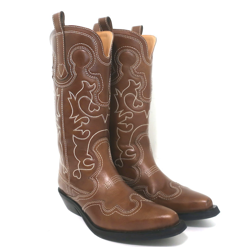 GANNI Embroidered Western Boots Brown Leather Size 39