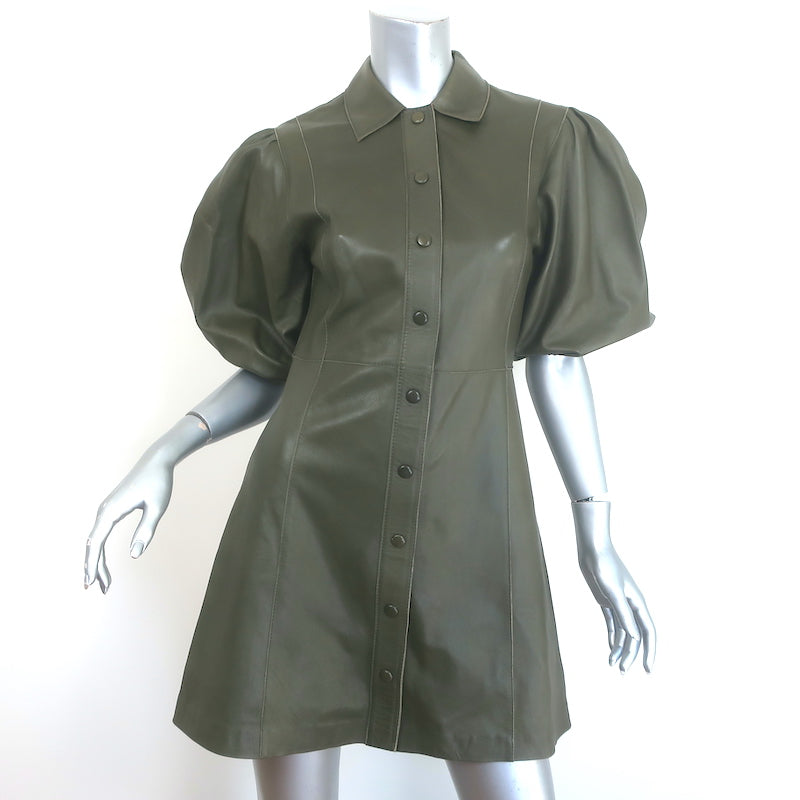 GANNI Lamb Leather Puff Sleeve Mini Shirtdress Olive Size 36 GANNI Lamb Leather Puff Sleeve Mini Shirtdress Olive Size 36