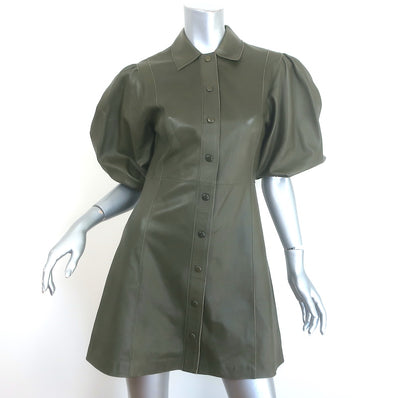 GANNI lamb leather puff-sleeve mini shirtdress in olive, pre-owned authentic luxury piece