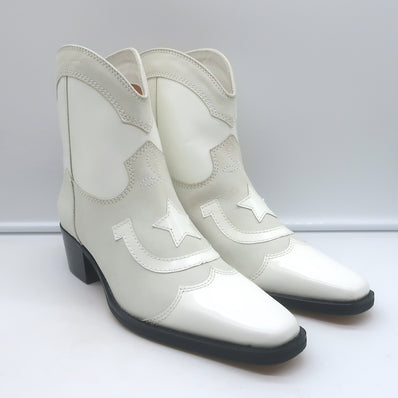 GANNI Meg Western Ankle Boots White Leather Size 41
