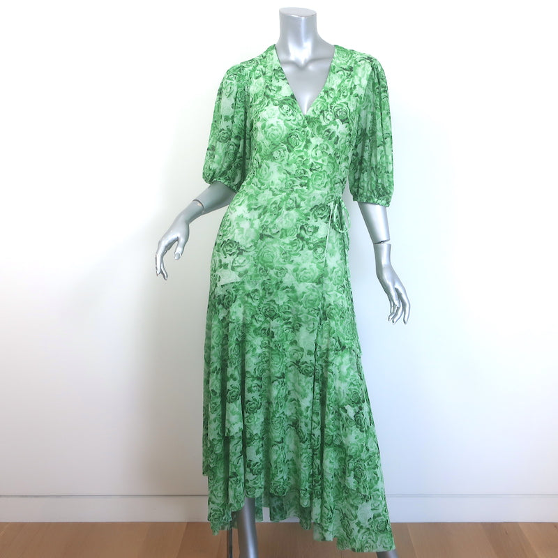 GANNI Mesh Short Sleeve Midi Wrap Dress Island Green Floral Print Size Celebrity Owned GANNI Mesh Short Sleeve Midi Wrap Dress Island Green Floral Print Size Celebrity Owned