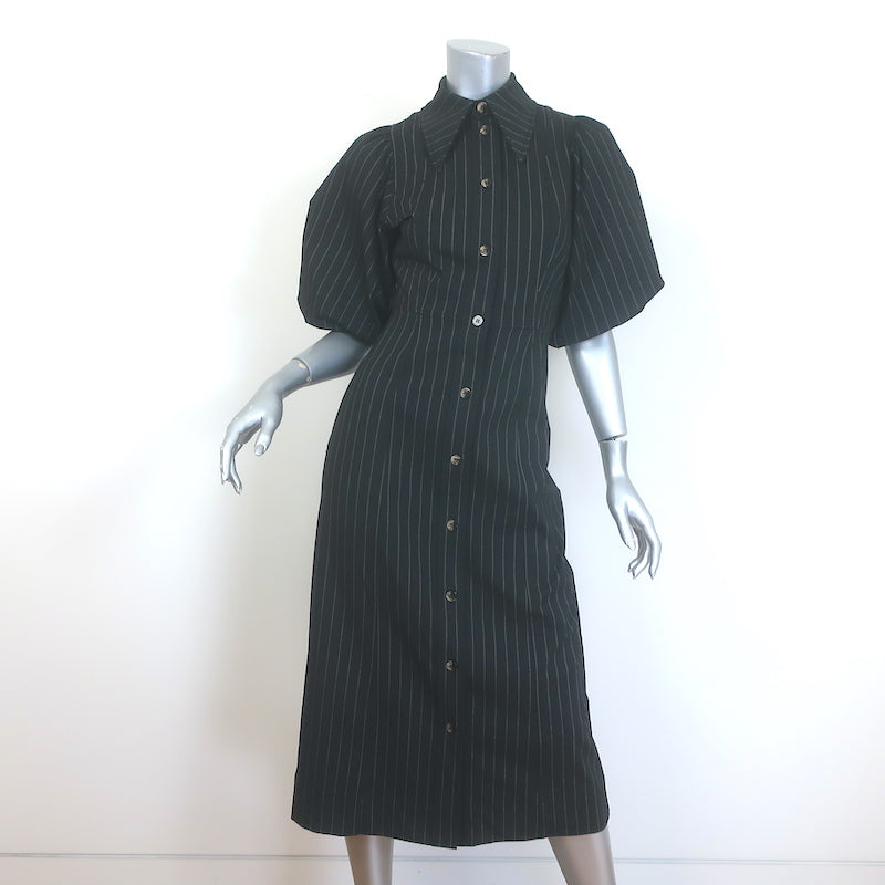 GANNI Pinstriped Puff Sleeve Midi Shirtdress Black Stretch Twill Size Celebrity Owned GANNI Pinstriped Puff Sleeve Midi Shirtdress Black Stretch Twill Size Celebrity Owned