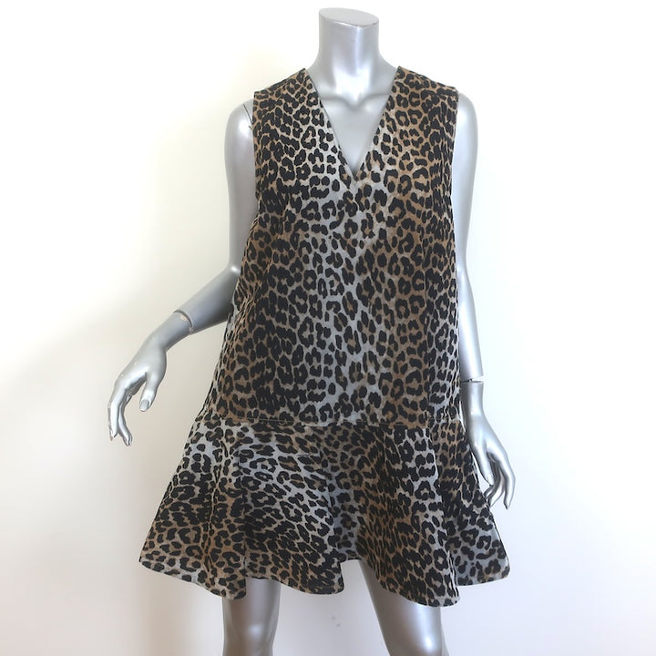 GANNI Ruffled Leopard Print Flocked Recycled Denim Mini Dress