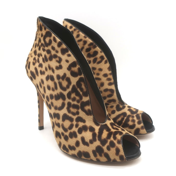 Gianvito Rossi Leopard Print Pony Hair Vamp Peep Toe Booties 