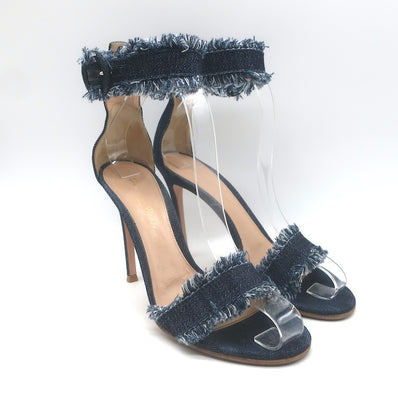 Gianvito Rossi Lola Frayed Denim Ankle Strap Sandals 