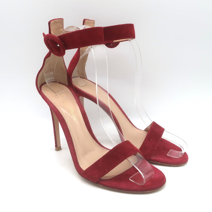 Gianvito Rossi Portofino 105 Ankle Strap Sandals Red Suede 