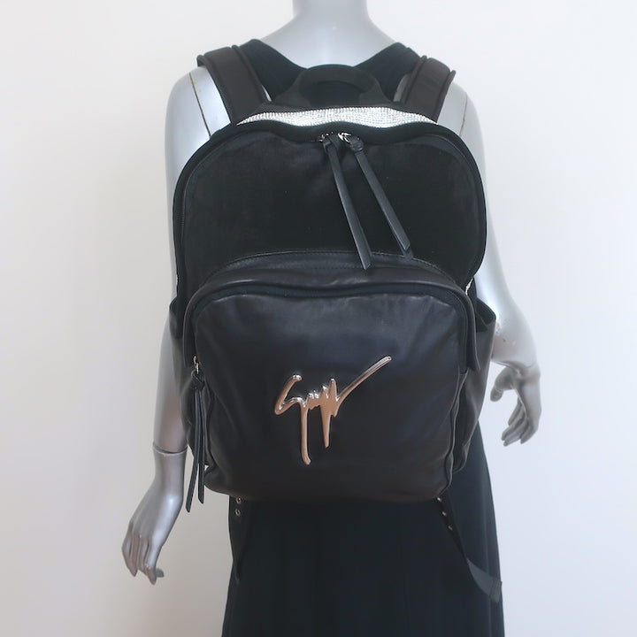 Giuseppe Zanotti Crystal-Trimmed Large Backpack Black Suede &amp; Leather