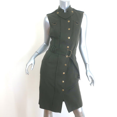 Givenchy Belted Snap-Front Sleeveless Dress Olive Cotton Twill Size 38