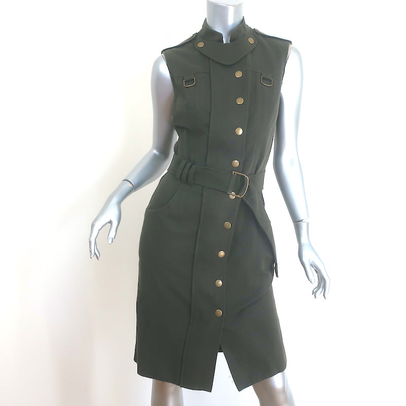 Givenchy Belted Snap-Front Sleeveless Dress Olive Cotton Twill Size 38