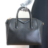 Givenchy Small Antigona black leather crossbody with chain trim and gold hardware, pre-owned authentic luxury handbag