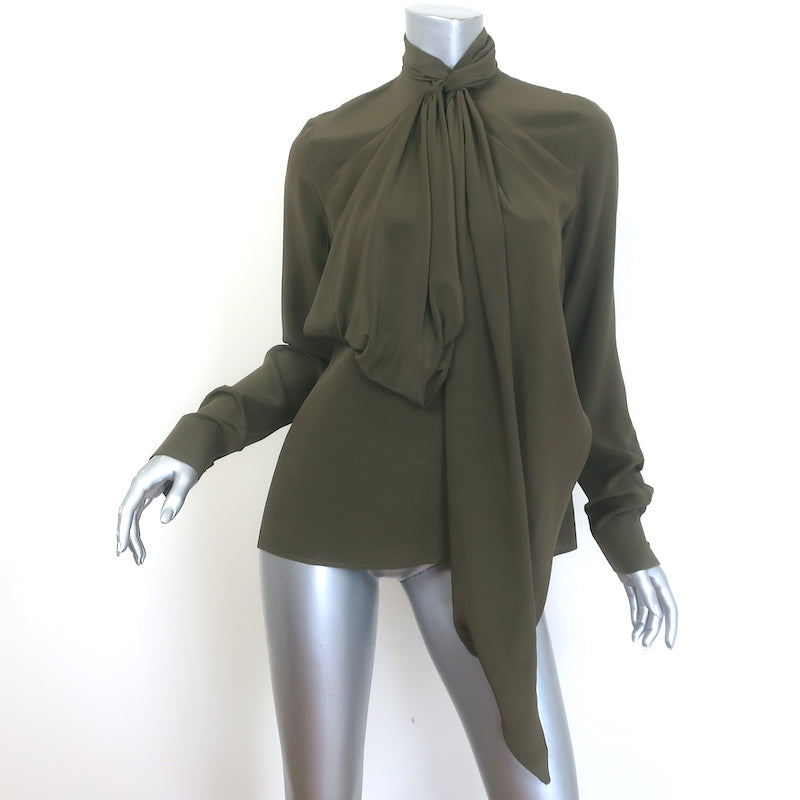 Givenchy silk draped twist-neck blouse in olive, size 38, authentic pre-owned long-sleeve luxury top
