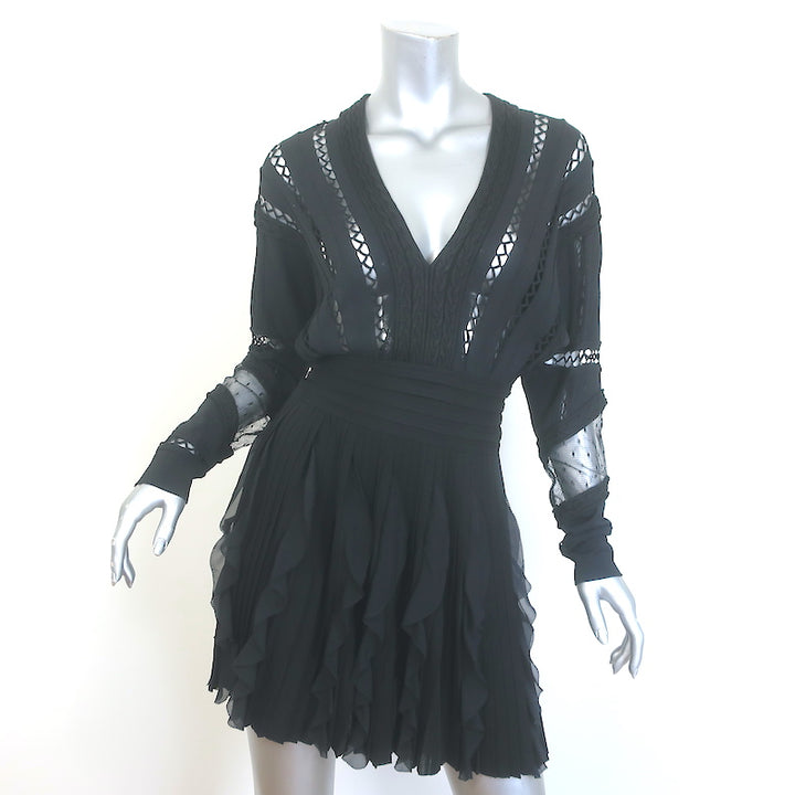 Givenchy Open Knit-Trim Ruffled Mini Dress Black Stretch Knit Size Extra Small