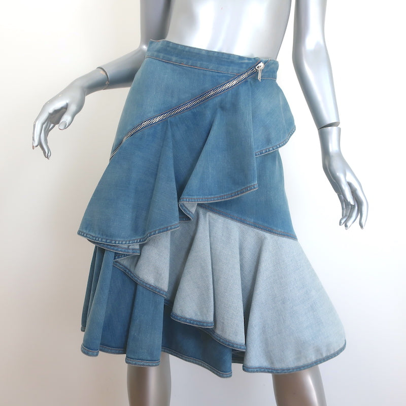 Givenchy Ruffled Denim Asymmetric Zipped Skirt Blue Size 40