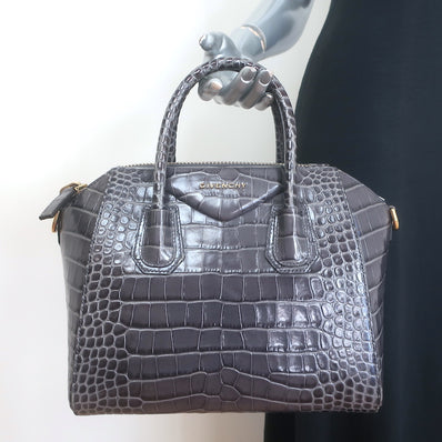 Givenchy Small Antigona Croc-Embossed Satchel Gray