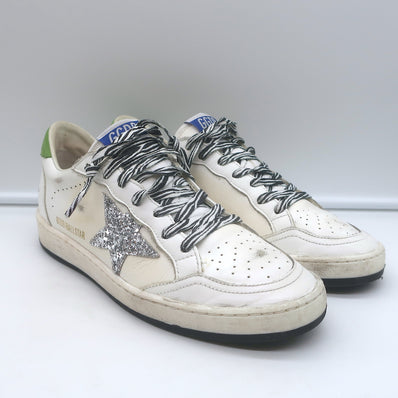 Golden Goose Ball Star Glitter Star Sneakers White & Green Leather Size 38