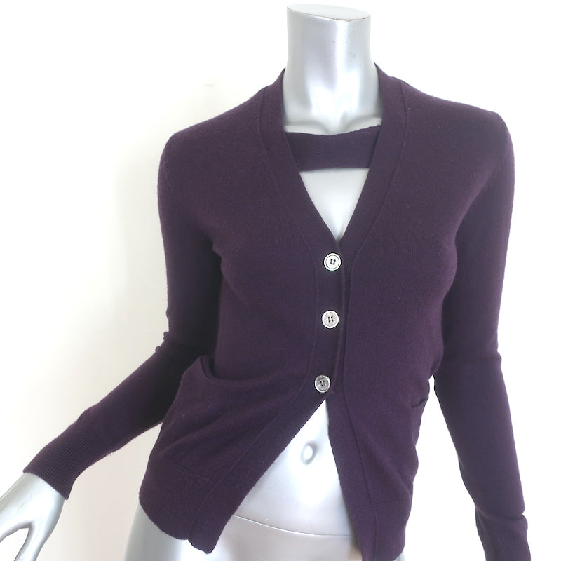 Golden Goose elbow-patch cardigan in eggplant wool-cashmere, size XS — pre-owned, authentic luxury condition.