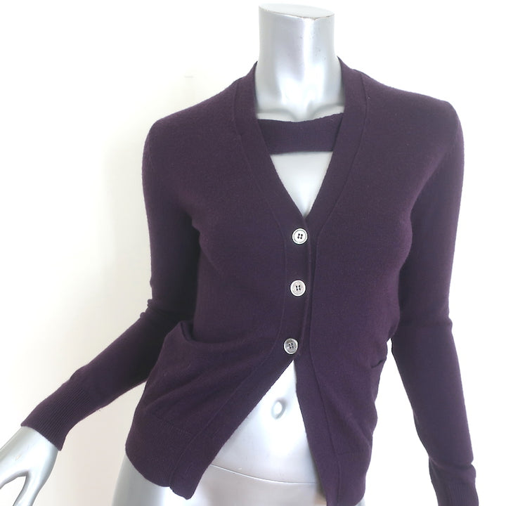 Golden Goose elbow-patch cardigan in eggplant wool-cashmere, size XS — pre-owned, authentic luxury condition.