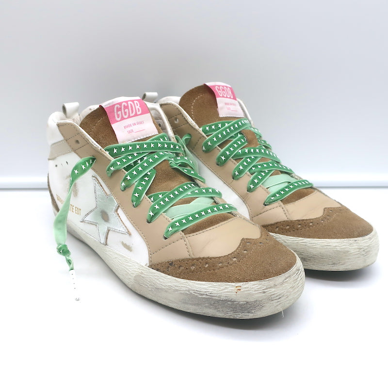 Golden Goose Mid Star Glitter Heel Tab Sneakers White & Beige Leather Size 39