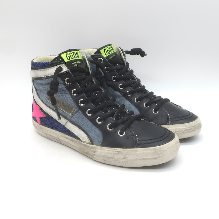 Golden Goose Slide Glitter Sneakers Blue Calf Hair 