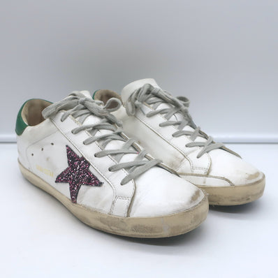Golden Goose Superstar Glitter Star Sneakers White & Green Leather Size 38