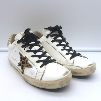 Golden Goose Superstar Leopard Pony Hair Star Sneakers White Leather Size 38