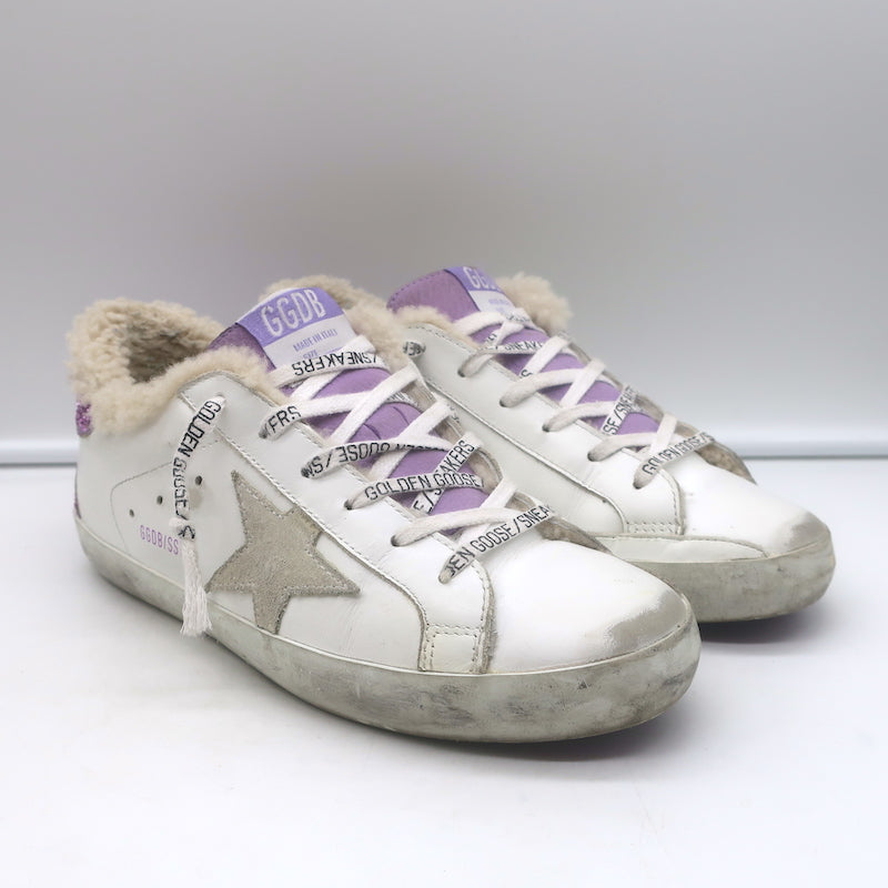 Golden Goose Superstar Shearling Sneakers White Leather &amp; Purple Glitter Size 38