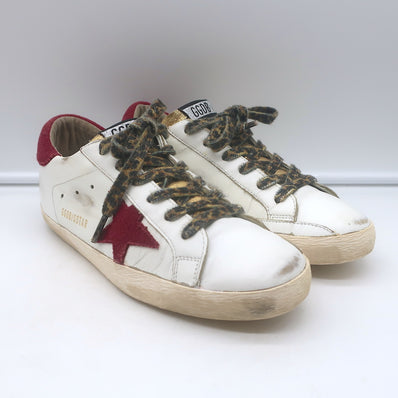 Golden Goose Superstar sneakers, white leather with burgundy suede, authentic pre-owned luxury, gently worn.