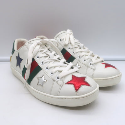 Gucci Ace Web Star Low Top Sneakers White & Metallic Leather Size 37