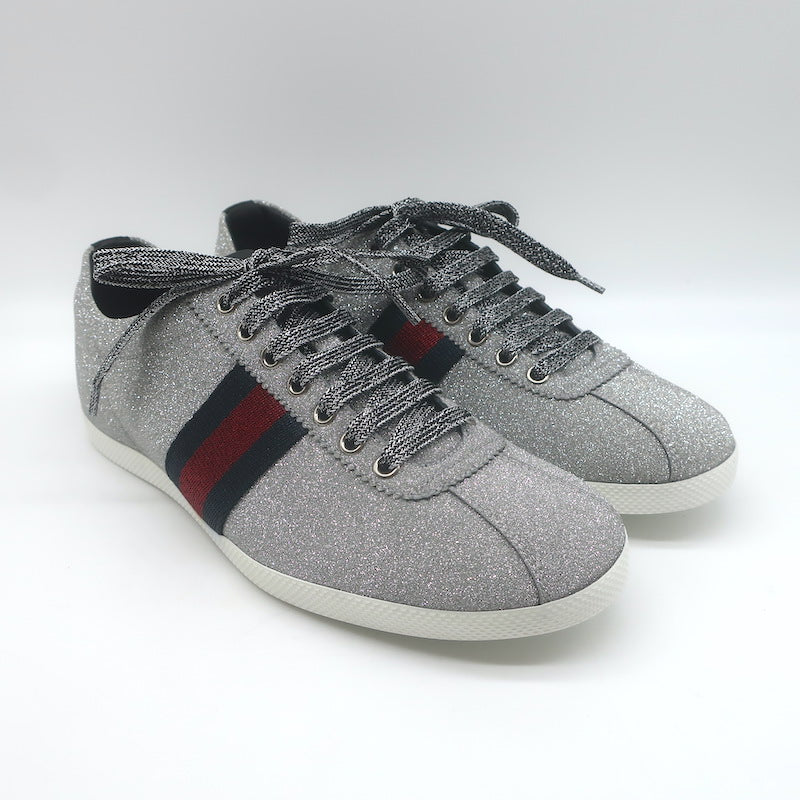 Gucci Bambi Web Studded Glitter Sneakers Silver Size 8 