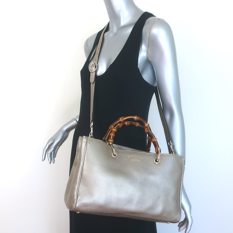 Gucci Bamboo Top Handle Tote Gold Pebbled Leather Medium Crossbody Bag