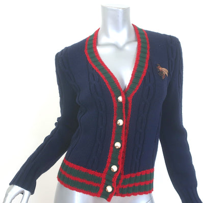 Gucci Bee-Embroidered Cardigan Navy Wool Ribbed Knit Size Small V-Neck Sweater